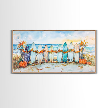 Framed Canvas Print Beach Scene with Surfboards and Pumpkins, Fall Beach Decor, Autumn Coastal Wall Art, Perfect Fall Beach Theme