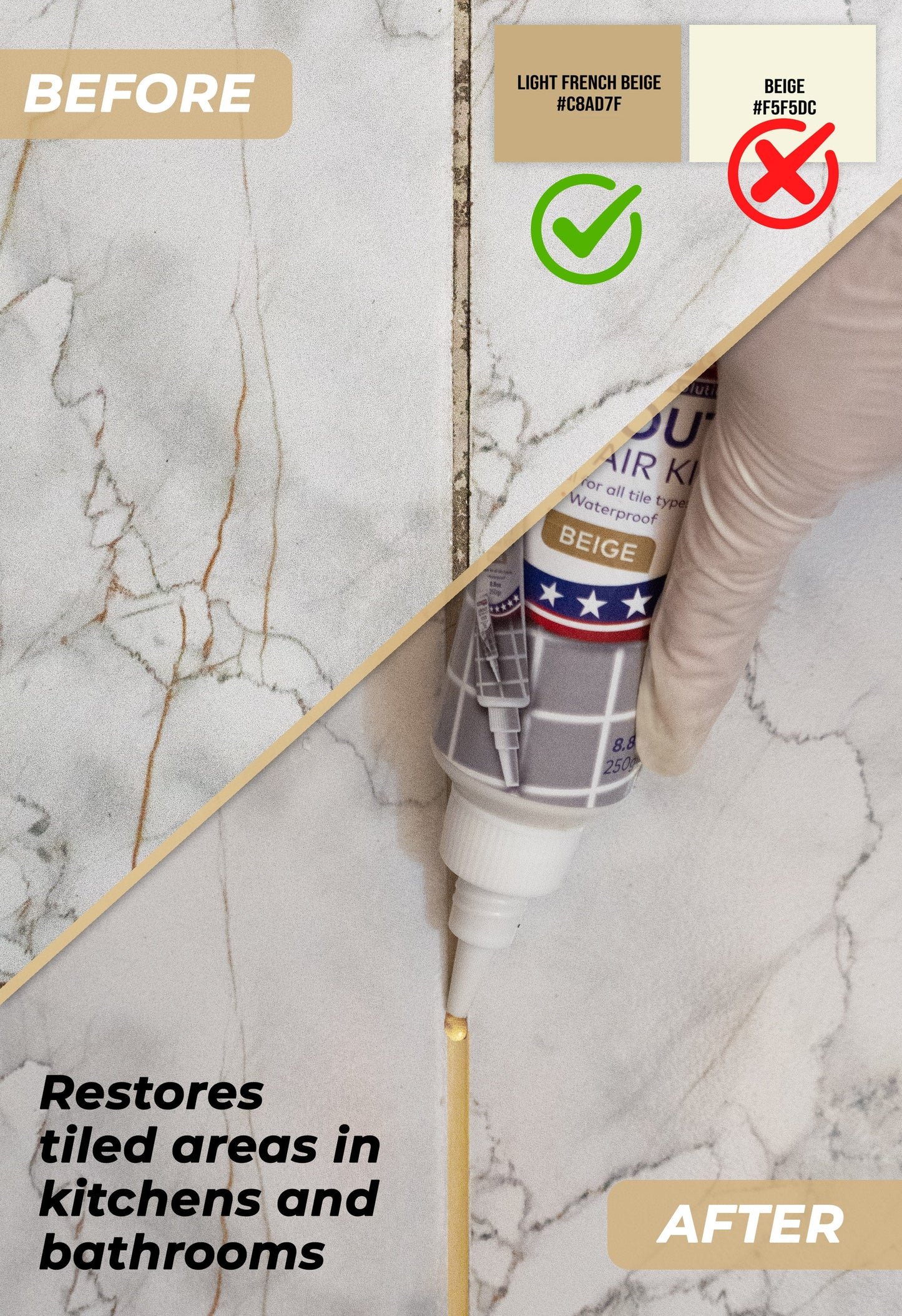 Tile Grout Repair Kit, Beige 8.8 oz/250gr. Fast Drying Grout Filler Tube Repair