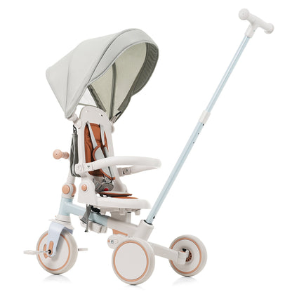 7 in 1 Baby Tricycle, Foldable Toddler Tricycle with Removable and Adjustable Parent Handle, Toddler Push Bike with Removable Pedal, Canopy, and Guardrail, Tricycle for 12-72 Months, blue