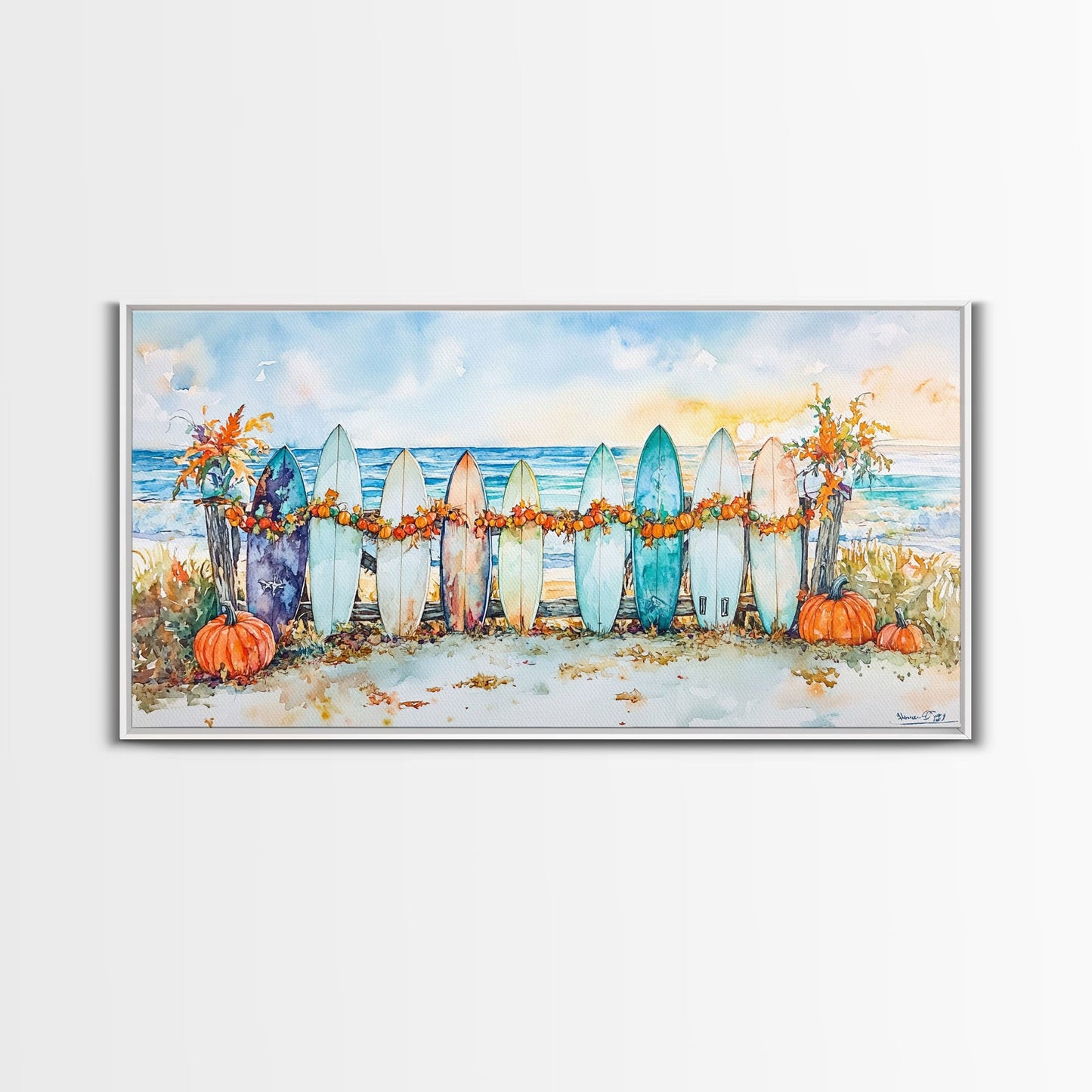 Framed Canvas Print Beach Scene with Surfboards and Pumpkins, Fall Beach Decor, Autumn Coastal Wall Art, Perfect Fall Beach Theme