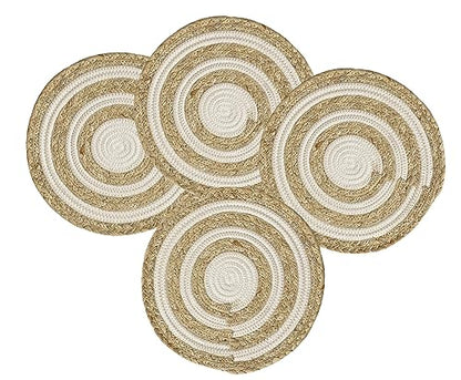 Fennco Styles Handwoven Water Hyacinth Straw & Cotton Placemats 12" Round, Set of 4 - Natural Braided Heat Resistant Insulation Table Mats for Home, Kitchen Décor, Dining Table, Banquets, Holidays