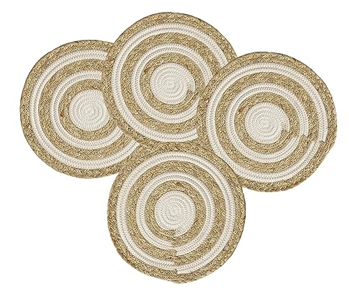 Fennco Styles Handwoven Water Hyacinth Straw & Cotton Placemats 12" Round, Set of 4 - Natural Braided Heat Resistant Insulation Table Mats for Home, Kitchen Décor, Dining Table, Banquets, Holidays