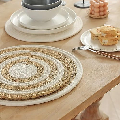 Fennco Styles Handwoven Water Hyacinth Straw & Cotton Placemats 12" Round, Set of 4 - Natural Braided Heat Resistant Insulation Table Mats for Home, Kitchen Décor, Dining Table, Banquets, Holidays