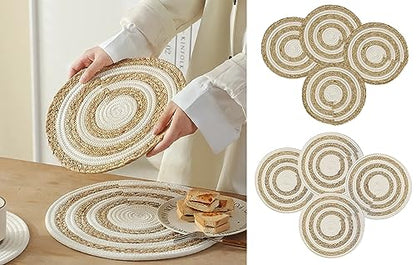 Fennco Styles Handwoven Water Hyacinth Straw & Cotton Placemats 12" Round, Set of 4 - Natural Braided Heat Resistant Insulation Table Mats for Home, Kitchen Décor, Dining Table, Banquets, Holidays