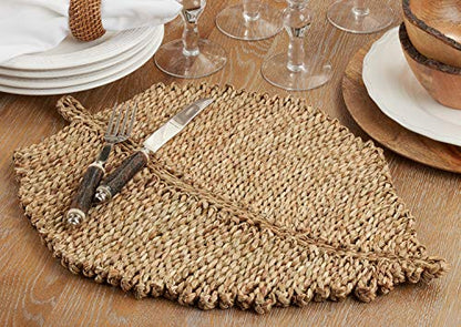 Fennco Styles Seagrass Leaf Shaped Table Placemats 14" W x 20" L, Set of 4 - Natural Woven Table Mats for Home Décor, Dining Table, Banquet, Farmhouse, Everyday Use and Special Occasion