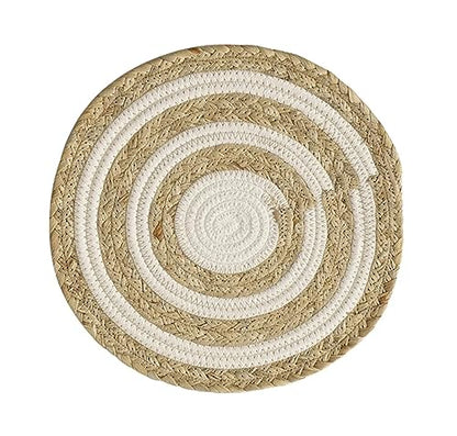 Fennco Styles Handwoven Water Hyacinth Straw & Cotton Placemats 12" Round, Set of 4 - Natural Braided Heat Resistant Insulation Table Mats for Home, Kitchen Décor, Dining Table, Banquets, Holidays