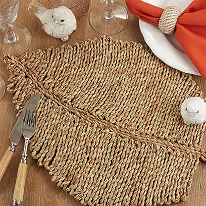 Fennco Styles Seagrass Leaf Shaped Table Placemats 14" W x 20" L, Set of 4 - Natural Woven Table Mats for Home Décor, Dining Table, Banquet, Farmhouse, Everyday Use and Special Occasion