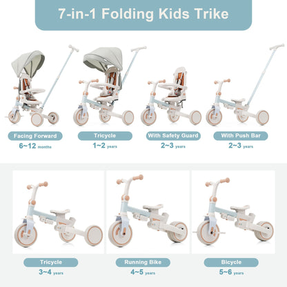 7 in 1 Baby Tricycle, Foldable Toddler Tricycle with Removable and Adjustable Parent Handle, Toddler Push Bike with Removable Pedal, Canopy, and Guardrail, Tricycle for 12-72 Months, blue