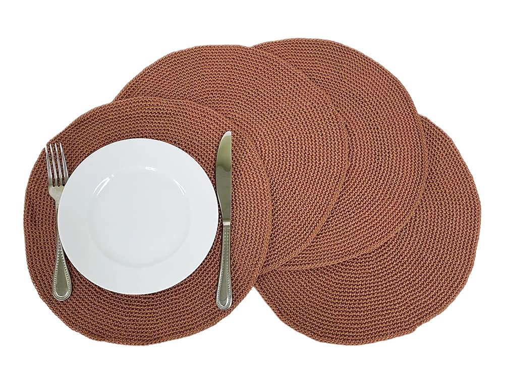 Fennco Styles Handmade Crochet Farmhouse Placemats 14-inch Round, Set of 4 - Decorative Table Mats for Home Décor, Dining Table, Banquets and Special Events
