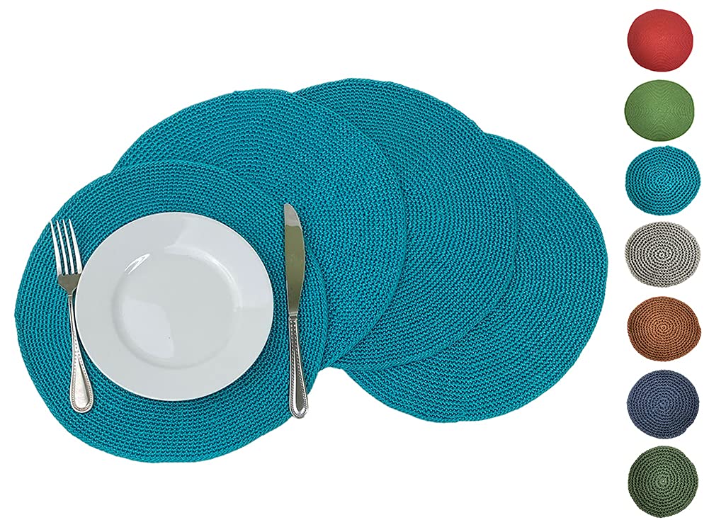 Fennco Styles Handmade Crochet Farmhouse Placemats 14-inch Round, Set of 4 - Decorative Table Mats for Home Décor, Dining Table, Banquets and Special Events