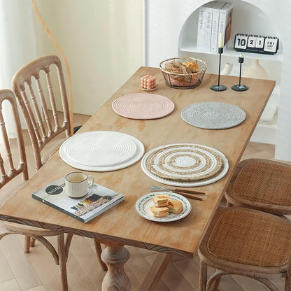 Fennco Styles Handwoven Water Hyacinth Straw & Cotton Placemats 12" Round, Set of 4 - Natural Braided Heat Resistant Insulation Table Mats for Home, Kitchen Décor, Dining Table, Banquets, Holidays