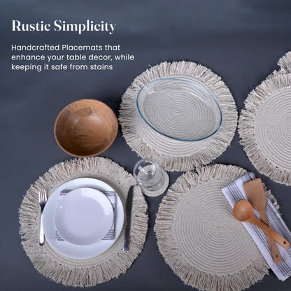 The Fine Living Co. Braided Cotton Placemats (Set of 6 15 Inches) with 6 Free Coasters Washable Anti Slip Heat Resistant Mats Boho Woven Round Table Mats for House Decor Kitchen and Dining