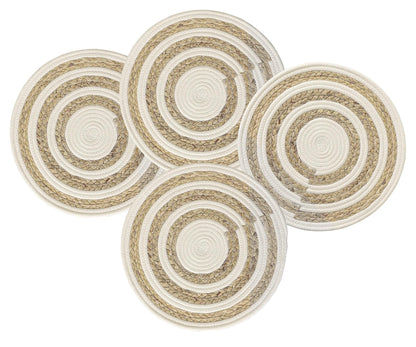 Fennco Styles Handwoven Water Hyacinth Straw & Cotton Placemats 12" Round, Set of 4 - Natural Braided Heat Resistant Insulation Table Mats for Home, Kitchen Décor, Dining Table, Banquets, Holidays