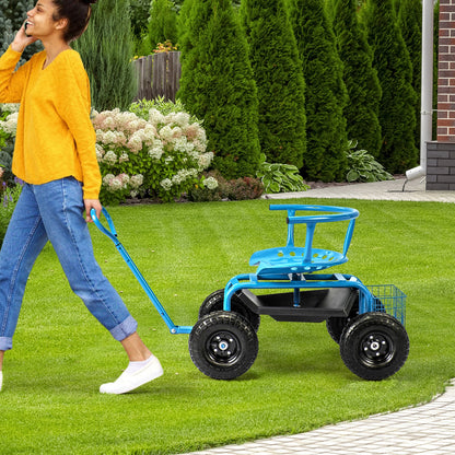 Cushioned Rolling Garden Cart Scooter with Storage Basket and Tool Pouch