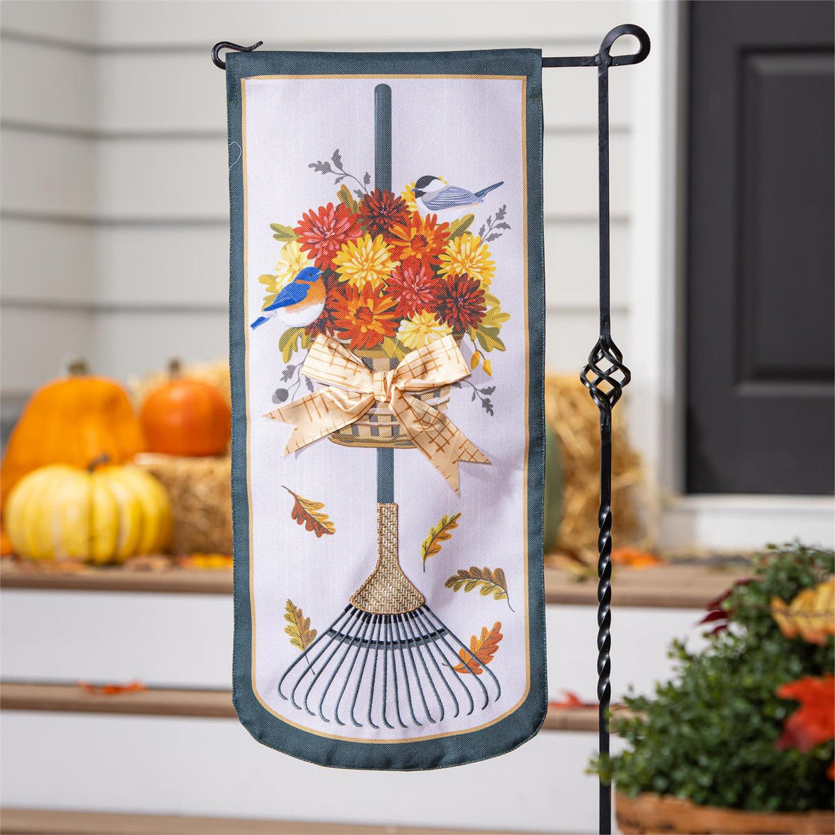Fall Garden Rake & Mums 2 Sided Long Garden Flag