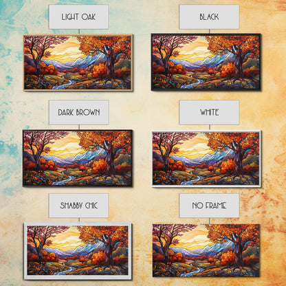 Stained Glass Fall Centerpiece Wall Art Framed Canvas Print, Thanksgiving Decor, Stained Glass Style Art, Farmhouse Decor, Autumn Decor