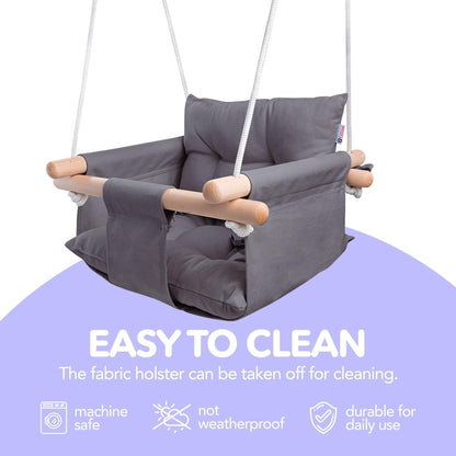 Dark Gray Canvas Baby Swing Wooden Hanging Swing Seat Chair with Safety Belt Durable Baby Swing Chair Outdoor and Indoor Swing for Kids Mounting Hardware Included Dark Gray