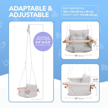 Grey Canvas Baby Swing Wooden Hanging Swing Seat Chair with Safety Belt Durable Baby Swing Chair Outdoor and Indoor Swing for Kids Mounting Hardware Included Gray