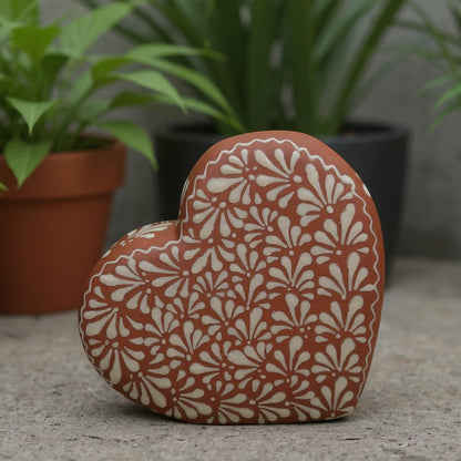 Brown & White Talavera Heart Vase | Hand-Painted Pottery