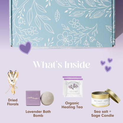 Mini Lavender Spa Gift Set Relaxation Gift Basket for Women Self Care Package with Lavender Candle Bath Bomb Soap Greeting Card & More