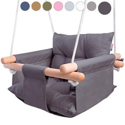 Dark Gray Canvas Baby Swing Wooden Hanging Swing Seat Chair with Safety Belt Durable Baby Swing Chair Outdoor and Indoor Swing for Kids Mounting Hardware Included Dark Gray