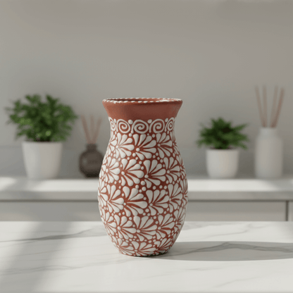 Handmade Talavera Vase | Brown & White Relief Pottery